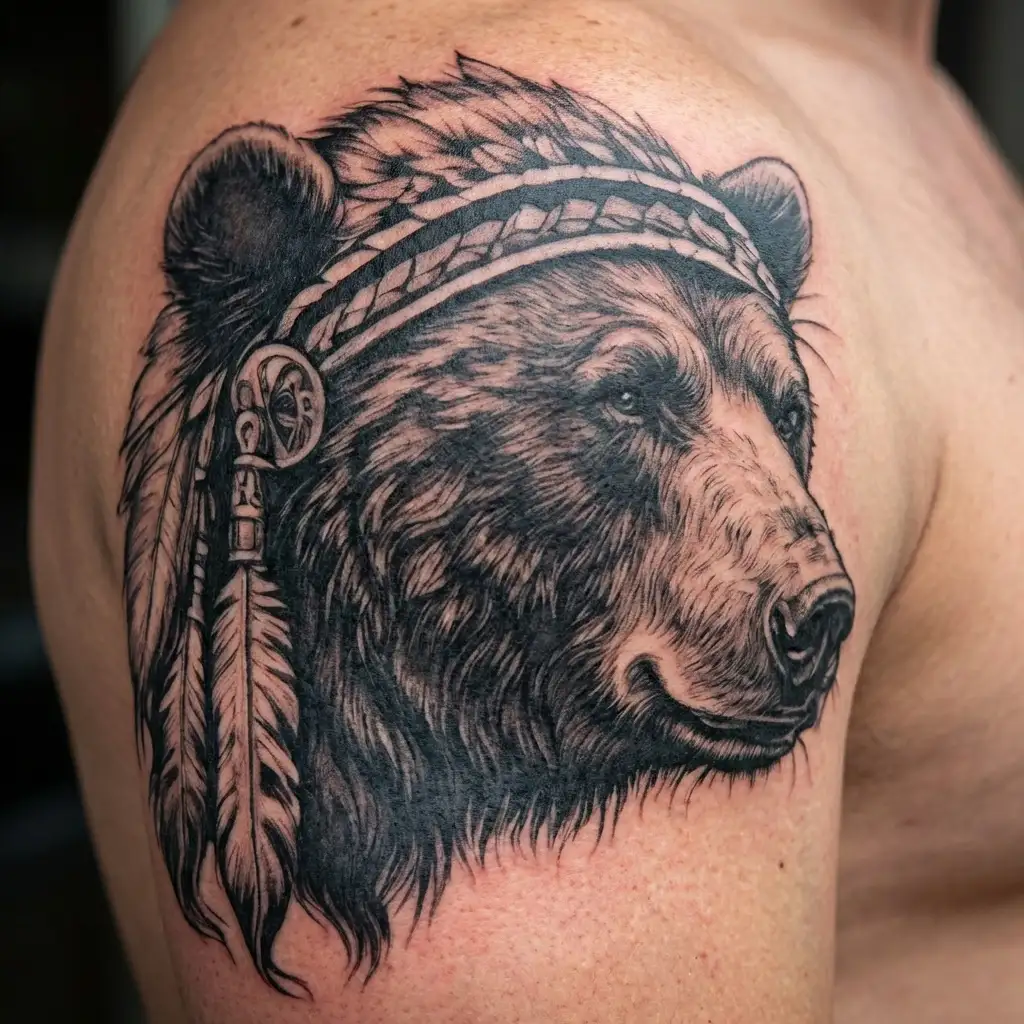 bear with Native American head dress tattoo design idea