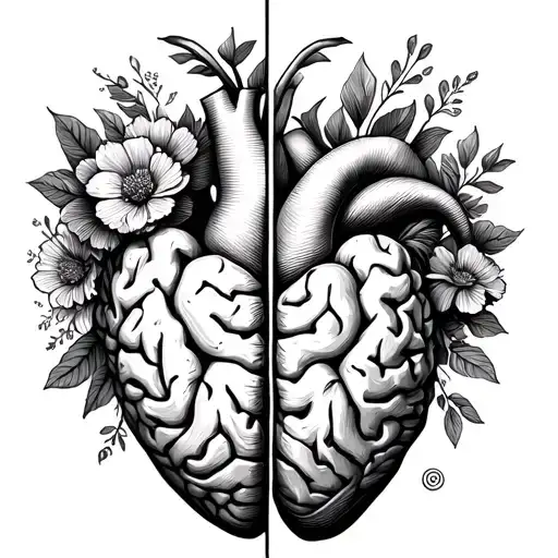 Half Brain Half Heart, fine line minimal shading, floral influence  tattoo design idea