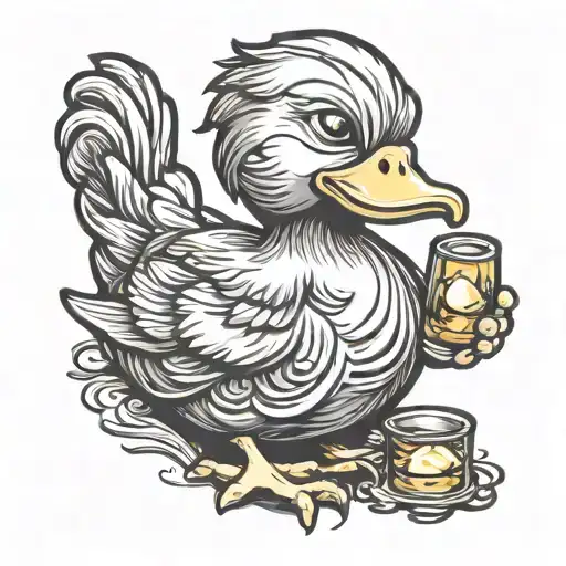 rubber duck holding a chicken wing and shot glass tattoo design idea