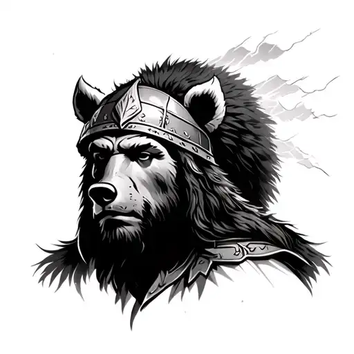 Viking with bear headdress with a thunderstorm in the background  tattoo design idea