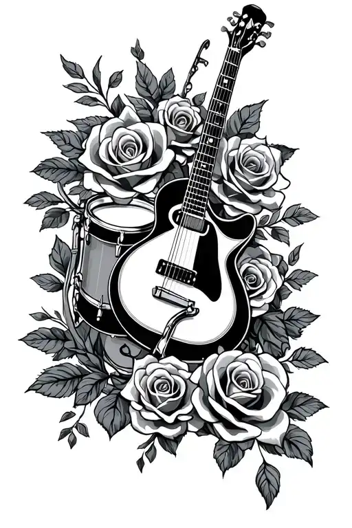 flute with guitar and roses and drums tattoo design idea