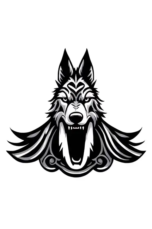 maori style wolf head, brotherly love and thrust, hooks, shark tooth, waves tattoo design idea