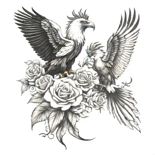 oryx antelope and African fish eagle separate with roses  tattoo design idea