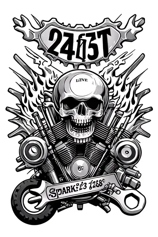 326,Est1998,Sprocket,Motor,Wrench,Harley logo,Flames,Checkered,Live fast take chances,Number 1 plate,Pistons,Spark plug tattoo design idea