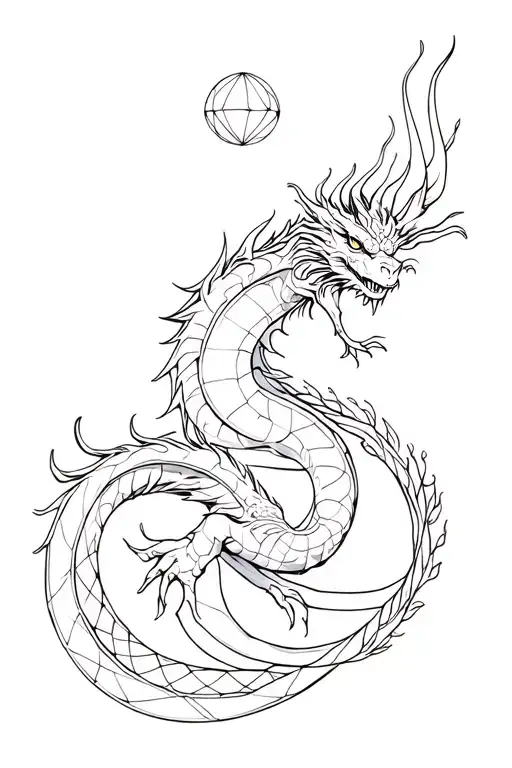 design: feminine dragon crawling upwards. around her: sacred geomtry, orbs tattoo design idea