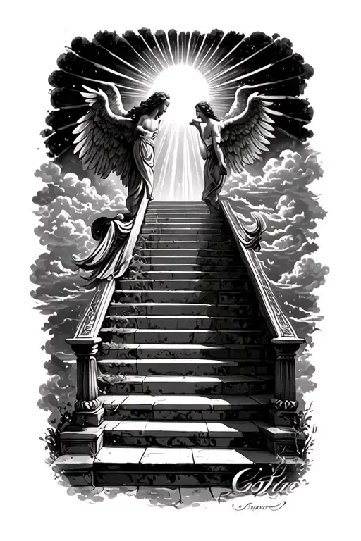 stairway to heaven walking up stairs angels sun rays clouds heaven gate at the top of the stairs  tattoo design idea