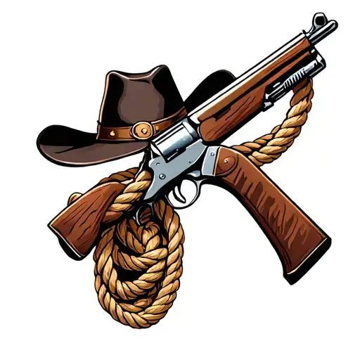 rifle, cowboy hat, rope, saddle tattoo design idea