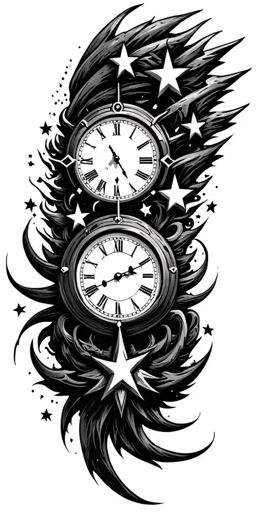 clock face surrounded by stars tattoo design idea