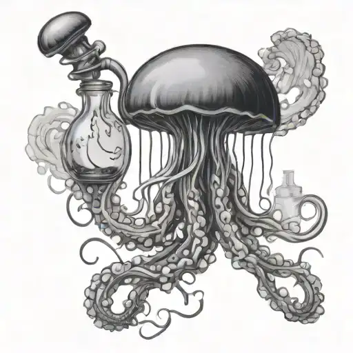 realistic jellyfish holding a potion bottle with tentical  tattoo design idea