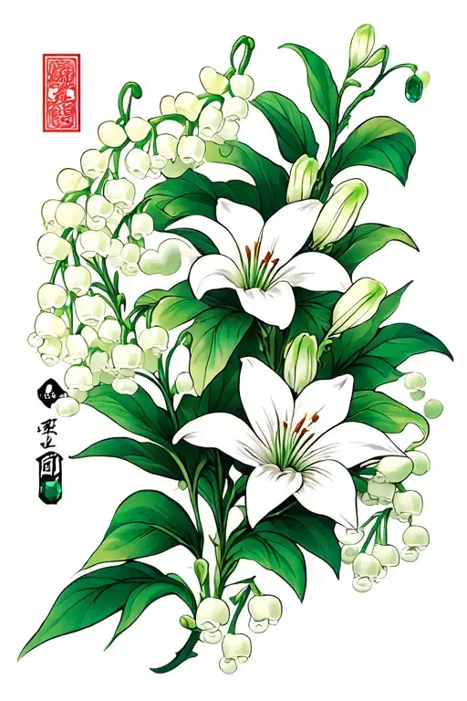 emerald and lily of the valley flower tattoo design idea