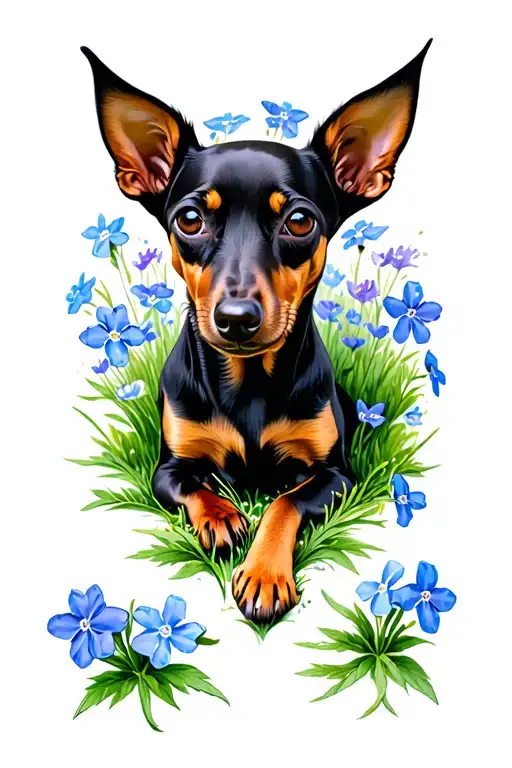 miniature pinscher laying down in a field of forget me not flowers tattoo design idea