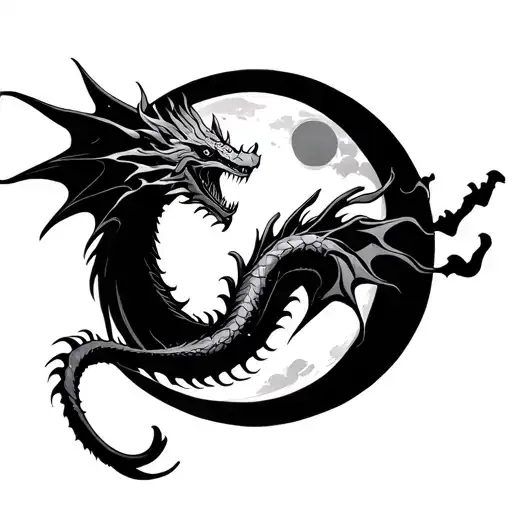single-line dragon flying around a moon, subtle and minimalist style tattoo design idea