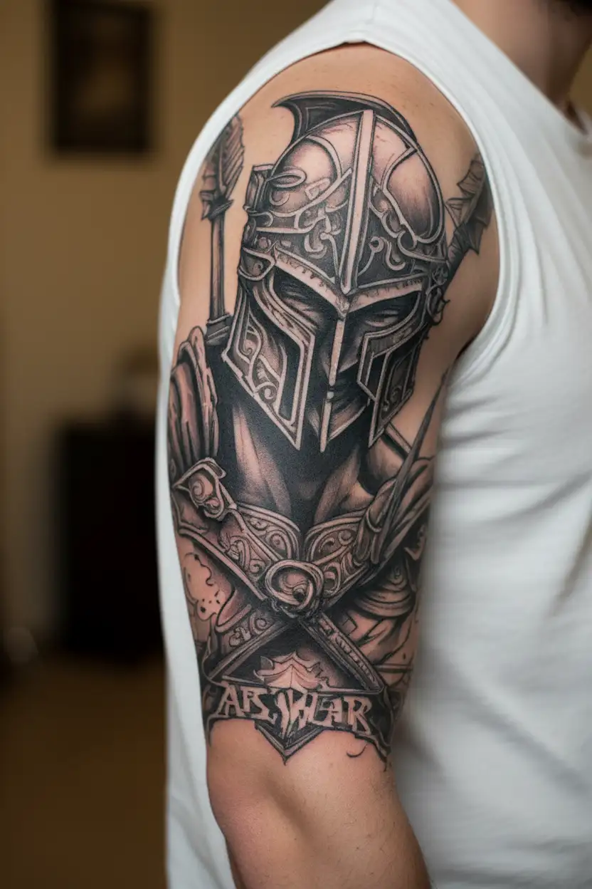 Ares, god of war, helmet and arrow tattoo design idea