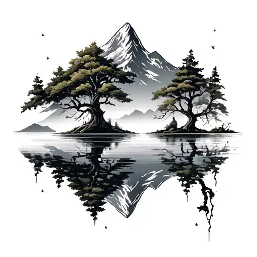lake tree mountain Ivy tattoo design idea