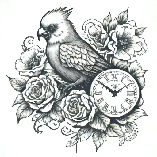 a cockatiel bird with a skull and clock in the backround for shoulder aswell as flowers for men tattoo design idea