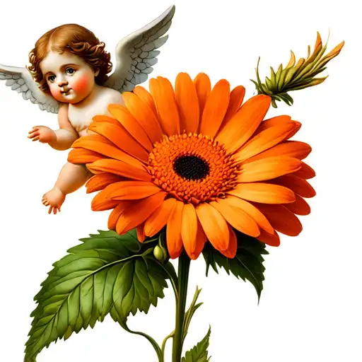 orange gerber daisy with cherub January 6, 1998 tattoo design idea