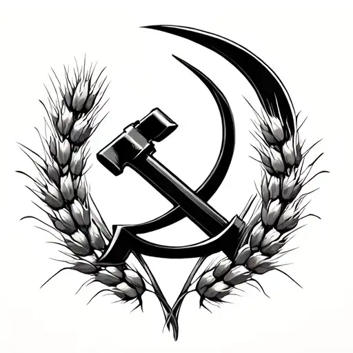 Black hammer and sickle surrounded by two symmetrical wheat stalks tattoo design idea