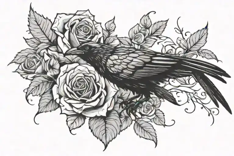 crow chasing the butterfly. a rose with thorns coming tattoo design idea