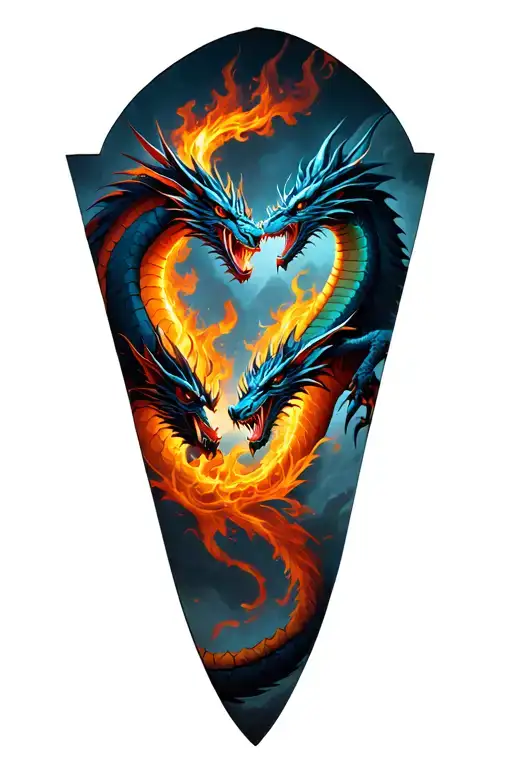 air and fire twin dragons fighting demons tattoo design idea