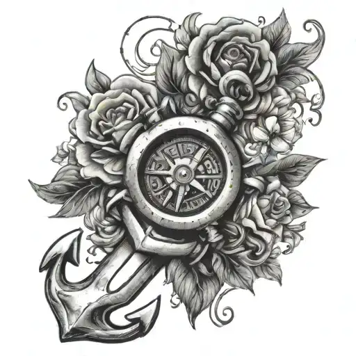 An anchor with Compass Arm with peonise flowers surrounding it with the Innitials MIA tattoo design idea