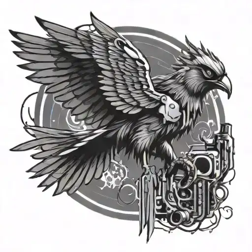 The mythical Cyberpunk Homa bird, depicted as a mechanic, soaring creature, with wings made of glowing, neon circuitry.  tattoo design idea