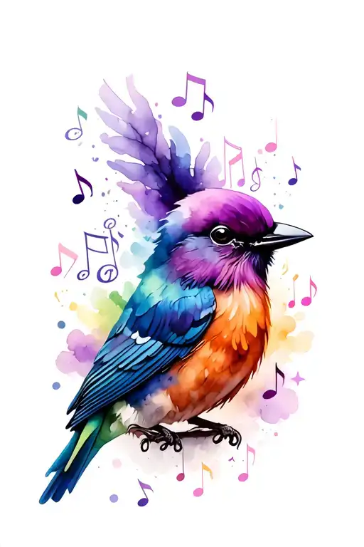 blue bird, green bird, purple bird with music notes  tattoo design idea