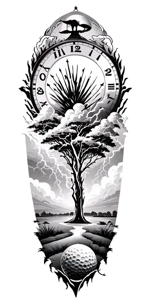 lightining storm and time and nature and golf course tattoo design idea