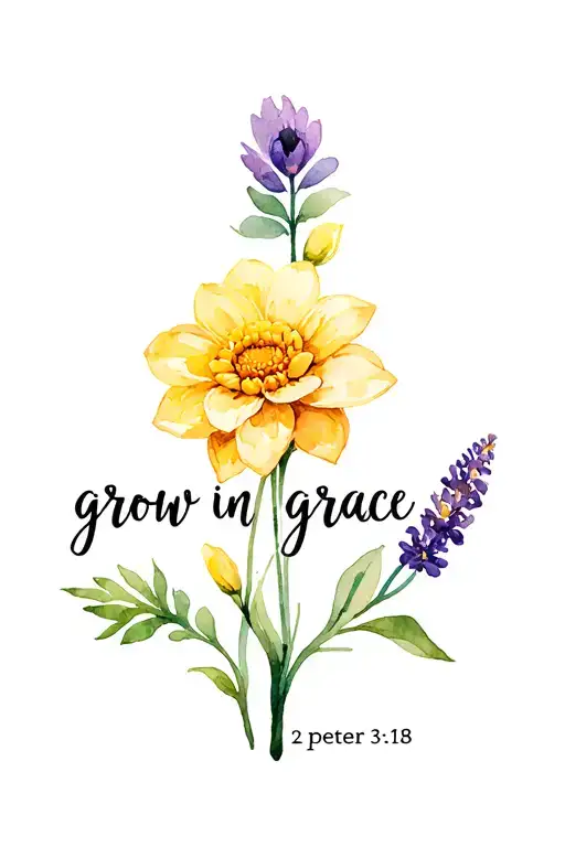 says "grow in grace - 2 peter 3:18" that includes a chrysanthemum, a daffodil, a marigold, and a violet tattoo design idea