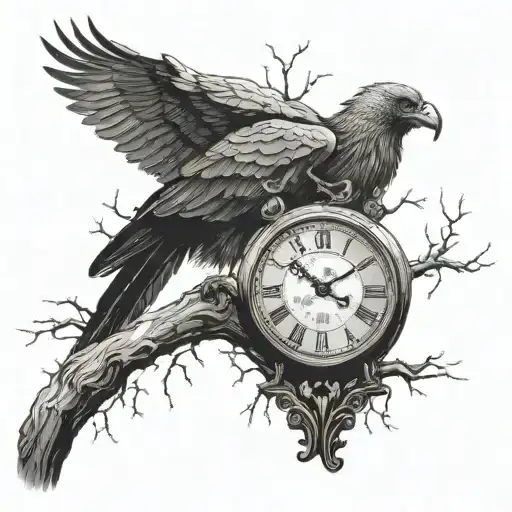A melting clock on a branch of a bare tree with a vulture sitting on top of the tree looking down at the clock tattoo design idea