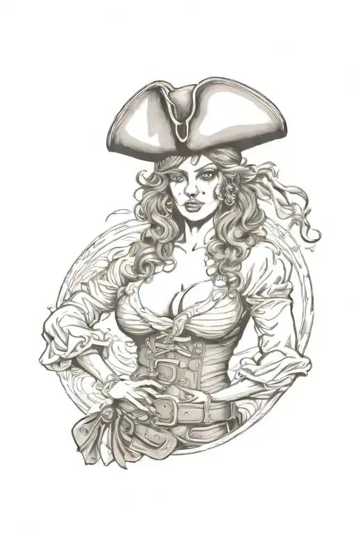 Sexy Pirate Girl, Tight torn revealing clothing, ocean background, Seductive face, Giant Boobs, Wide Hips, Big booty. tattoo design idea