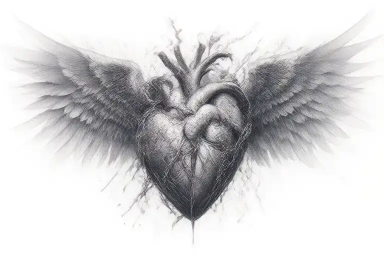 an anatomical heart with wings breaking free from chains symbolising freedom flying away from broken chains tattoo design idea