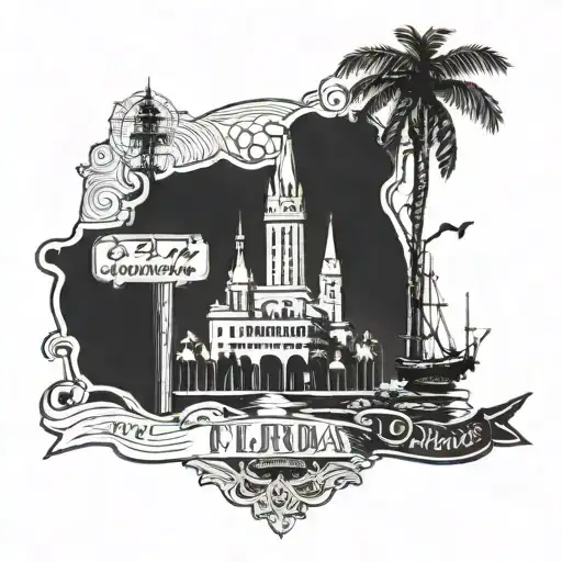 Vintage postcard design featuring iconic Florida landmarks like the Miami skyline and Everglades tattoo design idea