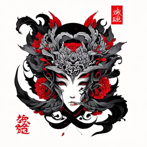 "神王与光" A vertical tattoo design with black and red ink  tattoo design idea