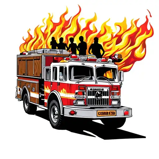 Design a tattoo featuring a fire truck engulfed in flames, with intricate woodwork details and a silhouette of the client's family in the background, symbolizing protection and strength. tattoo design idea