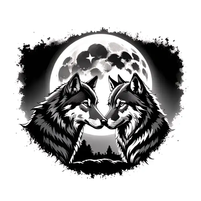 Bail and female wolf facing each other in front of a blood moon, male wolf, transparent, with only stars and his silhoue tattoo design idea
