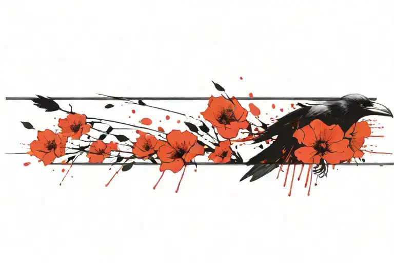 Raven Flying With Poppies tattoo design idea