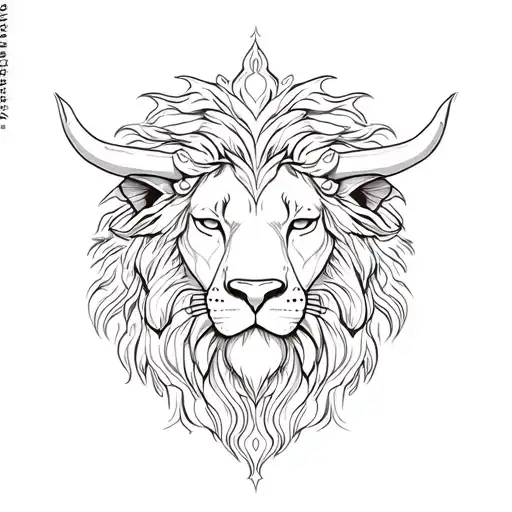 Head lion with bull frontal view, oriental mandala with tattoo design idea