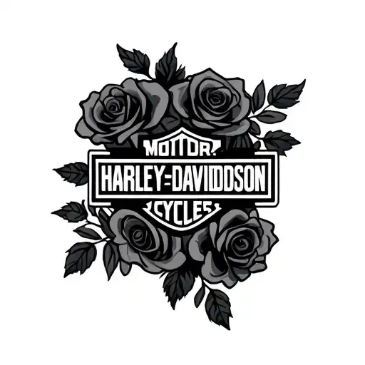 a black and grey Harley Davidson logo with softly shaded black and grey roses around it tattoo design idea