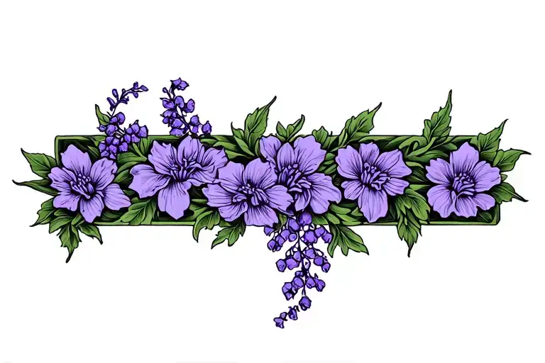 Floral Vertical Armband Tattoo With Wisteria Flowers. Color ONLY the petals, everything else is black. Rectangular tattoo design idea