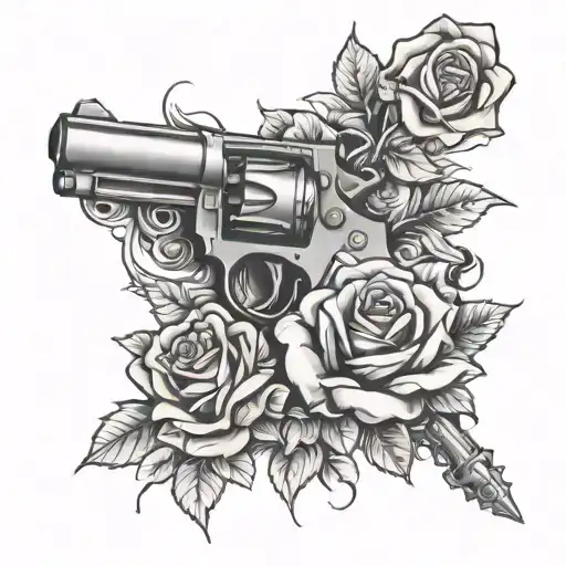 Cross Pistols (revolver) and roses tattoo design idea