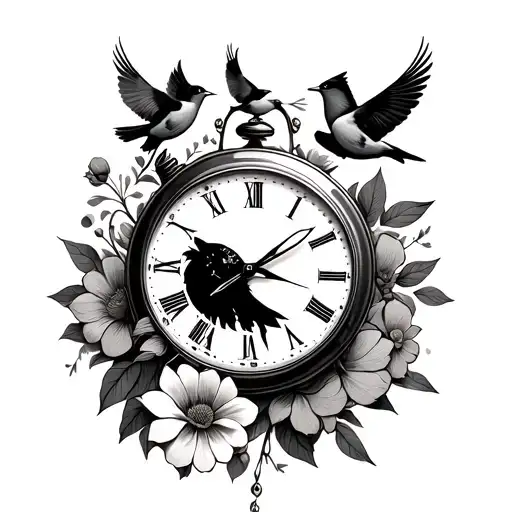broken gusset watch with birds flying above and ornamental flowers around tattoo design idea