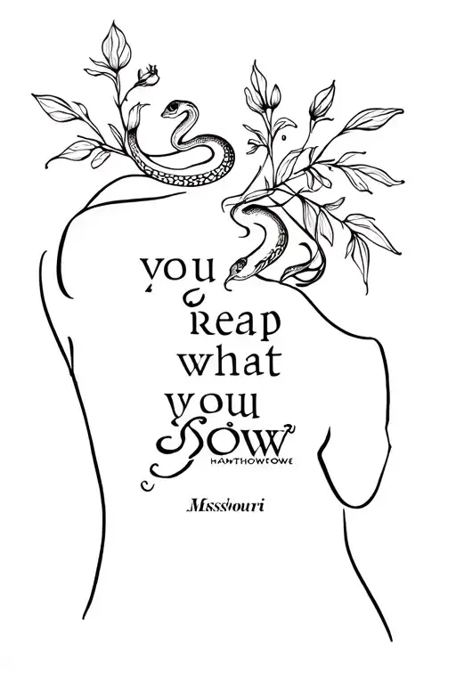 A back piece with a snake native to Missouri, Hawthorne flowers and the quote “you reap what you sow” tattoo design idea