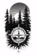 forest, sunset, compass, pine trees, tattoo design idea
