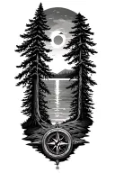 forest, sunset, compass, pine trees, tattoo design idea