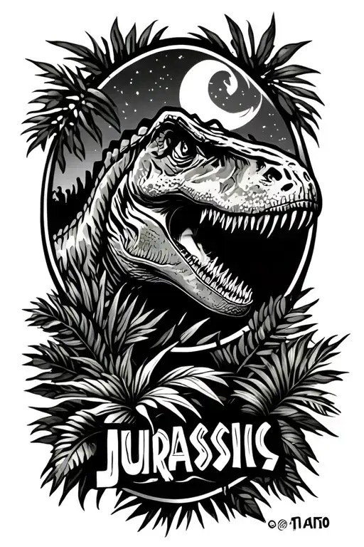 jurassic park style tattoo with some plants, a T-rex and the night sky tattoo design idea