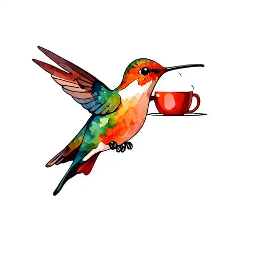a red coffee mug with a orange humming bird sitting drinking coffe tattoo design idea