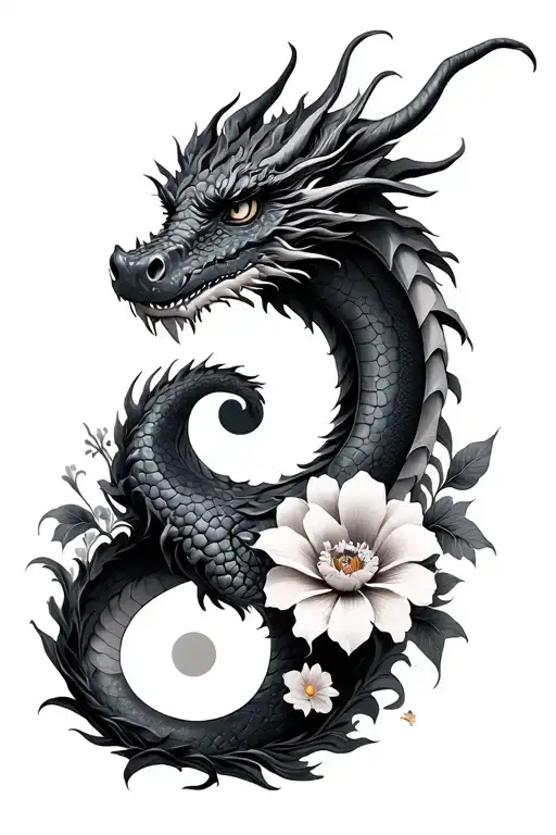 I want to incorporate a dragon with a ying and yang vibe half light half dark with 5 different flowers for my family  tattoo design idea
