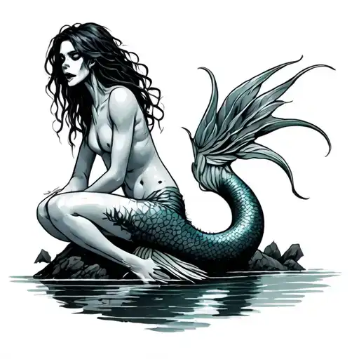 zombie mermaid sitting on a rock tattoo design idea