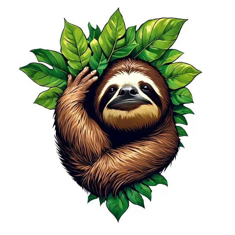 sloth peaking out of jungle leaves  tattoo design idea