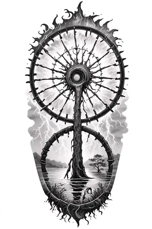 voodoo and lightining storm and wheel and nature elements like trees tattoo design idea